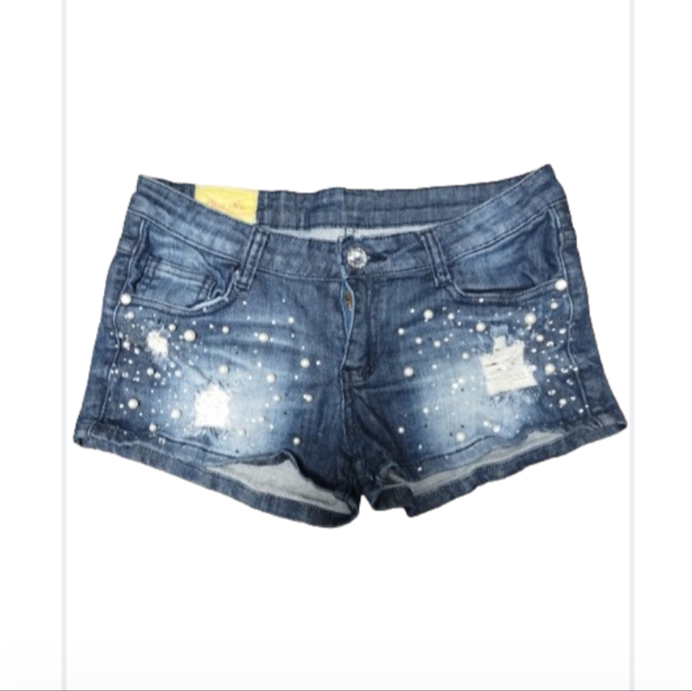 You Too Y2K Embellished Distressed Pearls Crystals Micro Denim Shorts